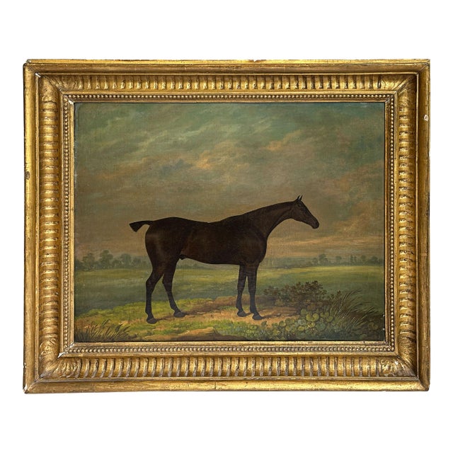 1820s “Dark Bay Hunter in a Landscape” Antique Equestrian Horse Painting Oil on Canvas by James Barenger the Younger For Sale