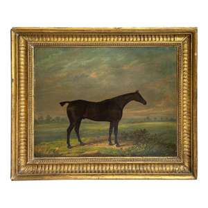 Antique Horse Painting by James Barenger the Younger “Dark Bay Hunter in a Landscape” Oil on Canvas, 1820s
