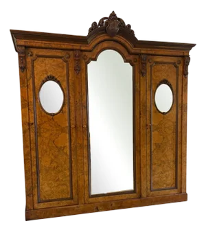 Large Antique Victorian Unusual Carved Burr Walnut 3 Door Wardrobe, 1850