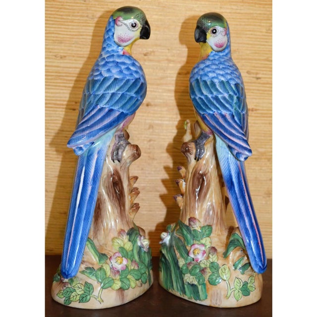 Vintage Chinese Blue Majolica Parrot Figurines - A Pair For Sale - Image 4 of 13