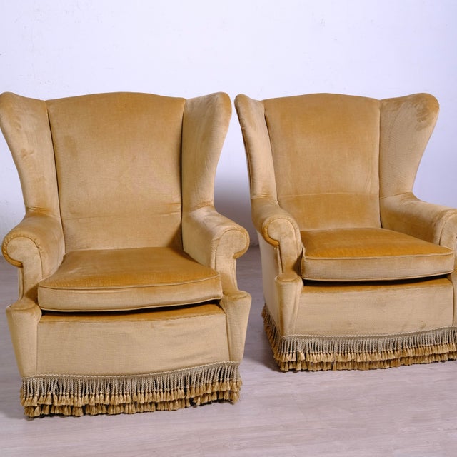 Set of Highback Armchairs in Beige Velvet with Wooden Legs, 1970s For Sale - Image 4 of 18