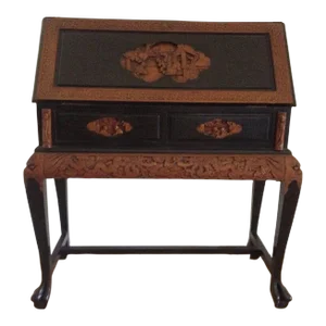 1960s Vintage Asian Writing Desk Carved Dragons Teak Black Chinese Hunan