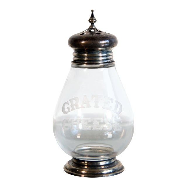 Antique Etched Glass & Sterling Silver Grated Cheese Shaker For Sale