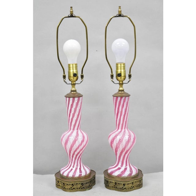 Vintage Italian Latticino Murano Pink Ribbon Swirl Glass Small Table Lamp - Pair For Sale - Image 13 of 13