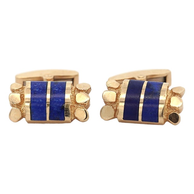 Vintage Lapis Lazuli 14k Gold Nugget Textured Cufflinks, Pair For Sale
