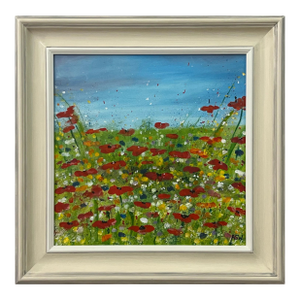 Red Poppy Flowers in a Wild Green Meadow With a Blue Sky by Contemporary Artist