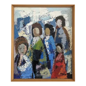 Mid-Century Modern Swedish "All at Once" Vintage Abstract Figurative Oil Painting, Framed