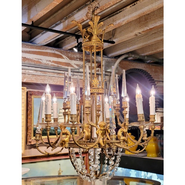 French 19th Century French Gilt Bronze Chandelier W/4 Cherubs & Crystals For Sale - Image 3 of 13