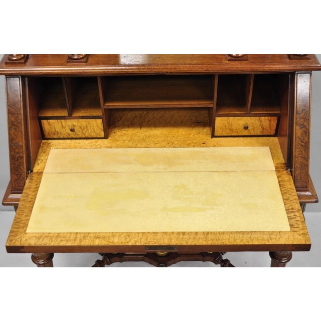 Antique Victorian Burl Walnut Slant Front Secretary Writing Desk With Mirror For Sale - Image 16 of 18