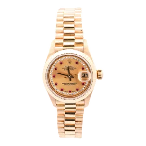 1980s Rolex President Datejust 69178 Ladies 26mm Ruby Diamond Dial 18k Gold Watch