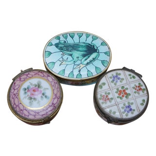 2 Antique French Limoges & 1 Chinese Cloisonne Frog Trinket Pill Snuff Boxes For Sale