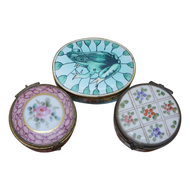 2 Antique French Limoges & 1 Chinese Cloisonne Frog Trinket Pill Snuff Boxes For Sale