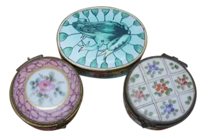 2 Antique French Limoges & 1 Chinese Cloisonne Frog Trinket Pill Snuff Boxes