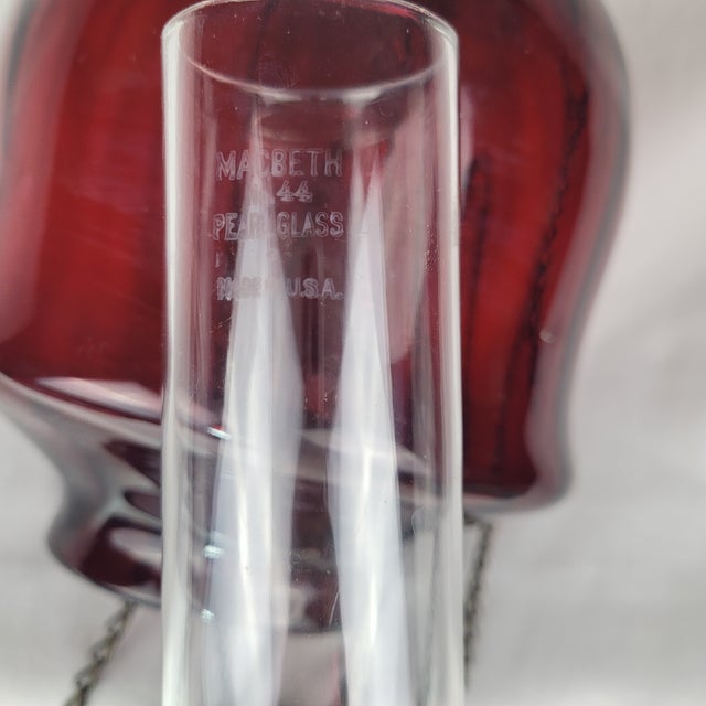 Antique Ruby Red Glass Hanging Oil Lamp Macbeth Pearl Glass Chimney Brass Trim For Sale - Image 13 of 13