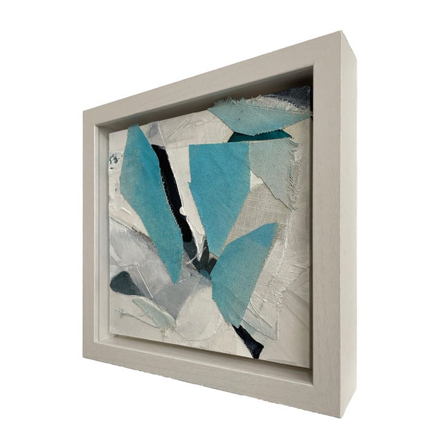2020s Miniature White and Turquoise Abstract Collage Painting in Shadow Box Frame – Modern Bookshelf Art Decor For Sale - Image 5 of 11
