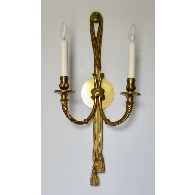 Metal Vintage French 19th. Century Louis XVI Style Bronze Twin-Arm, Rope & Tassel Ormolu Wall Lighted Sconces -Pair For Sale - Image 7 of 17