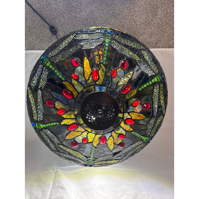 Tiffany-Style Stained Glass Dragonfly Table Lamp With Jeweled Base For Sale In Austin - Image 6 of 7