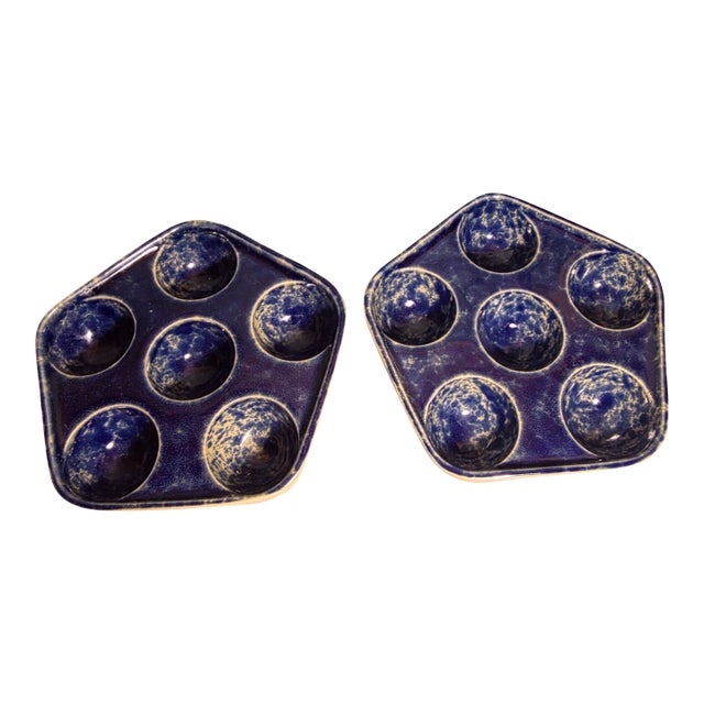 Pair of Bennington Blue Agate Escargot Dishes For Sale