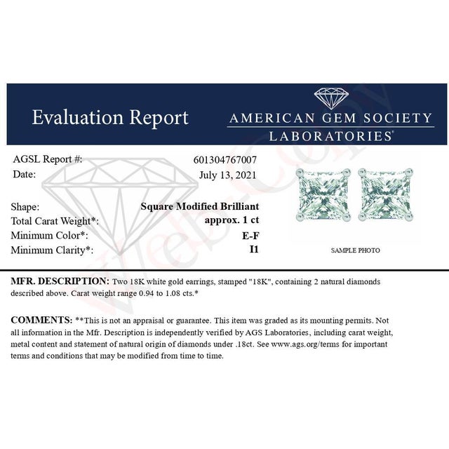 AGS Certified 18K White Gold 1.0 Cttw 4-Prong Set Princess-Cut Solitaire Diamond Screw Back Stud Earrings (E-F Color, SI2-I1 Clarity) For Sale - Image 4 of 6
