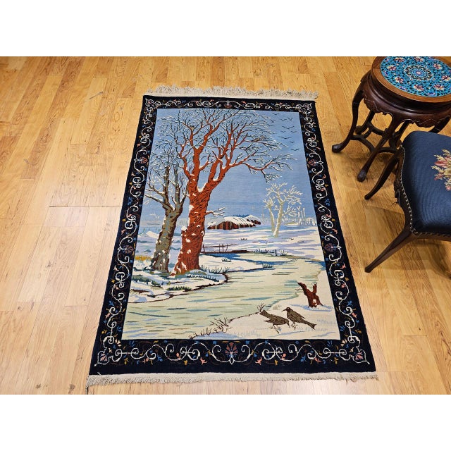 Vintage Persian Tabriz Pictorial Rug, Hand-Knotted Wool, Winter Forest Scene, Blue & Ivory, 4x6 For Sale - Image 4 of 16