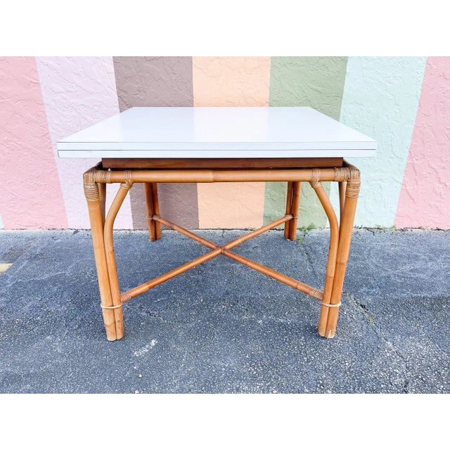 Palm Beach Regency Ficks Reed White Formica Flip Top Rattan Game Table. All pieces are sold in nice as found vintage...