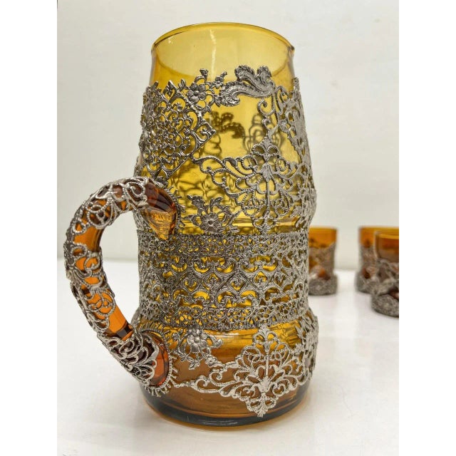 1960s Amber Glass Jug with Matching Glasses and Metal Detailing attributed to Ioannina, Greece, 1960s, Set of 7 For Sale - Image 5 of 11