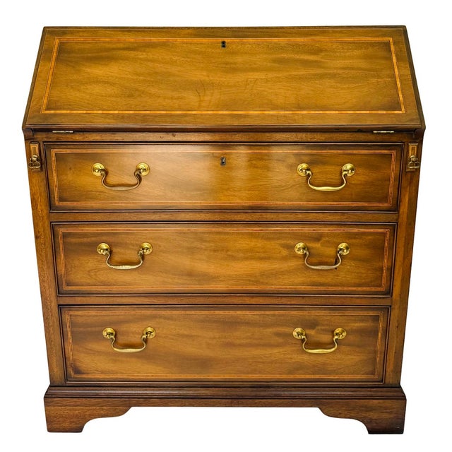1970s Kittinger George III Chippendale Style Inlaid Mahogany Secretary Desk Bookcase For Sale In San Diego - Image 6 of 17
