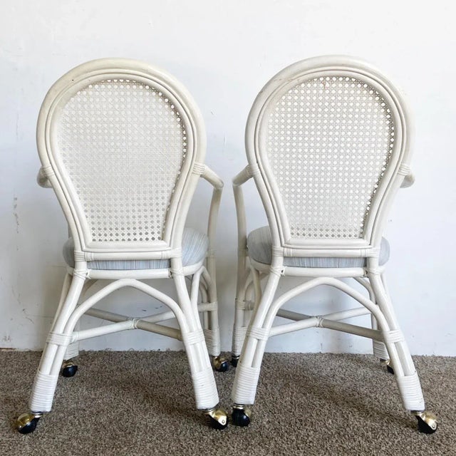 Regency White Cane Back Bamboo Rattan Dining Chairs on Casters - Set of 4 For Sale - Image 4 of 11