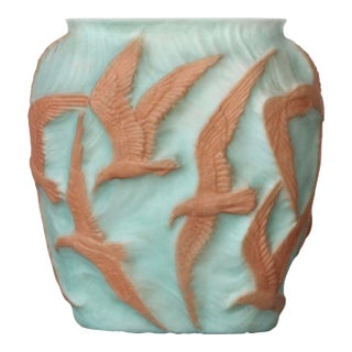 1930s Large Phoenix Consolidated Art Glass Vase With Seagulls For Sale