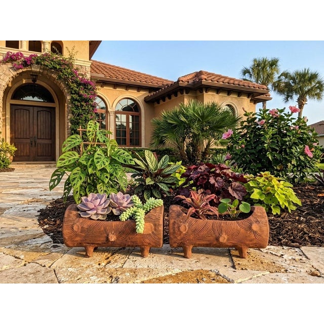 Ceramic A Pair of Vintage Faux Bois Terracotta Log Planters For Sale - Image 7 of 9