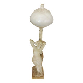 Early 20th Century Edwardian Era Italian Carved Alabaster Nude Greco-Roman Female Figural Lamp For Sale