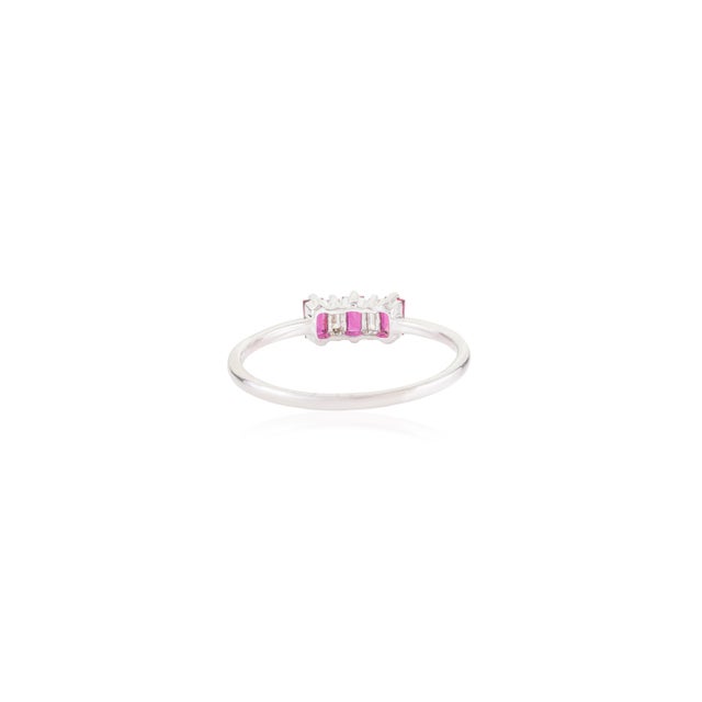 Metal Ruby July Birthstone Three-Stone Ring With Baguette Diamonds in 14k Gold Size 8 For Sale - Image 7 of 14