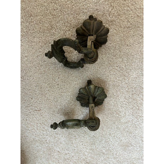 Antique Large French Brass Drawer Pulls, Pair, Ornate Rosette Bail Hardware For Sale - Image 4 of 4