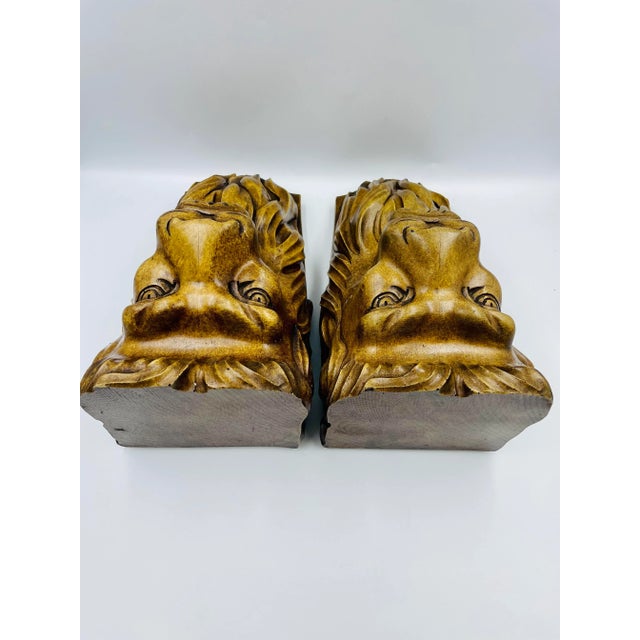 Early 20th Century Early 20th Century Carved Wood Lion Head Wall Brackets- Set of 2 For Sale - Image 5 of 12