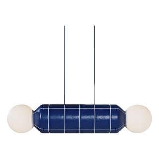Modern Horizontal Pendant Light With Ceramic Base – Blue – Handcrafted For Sale