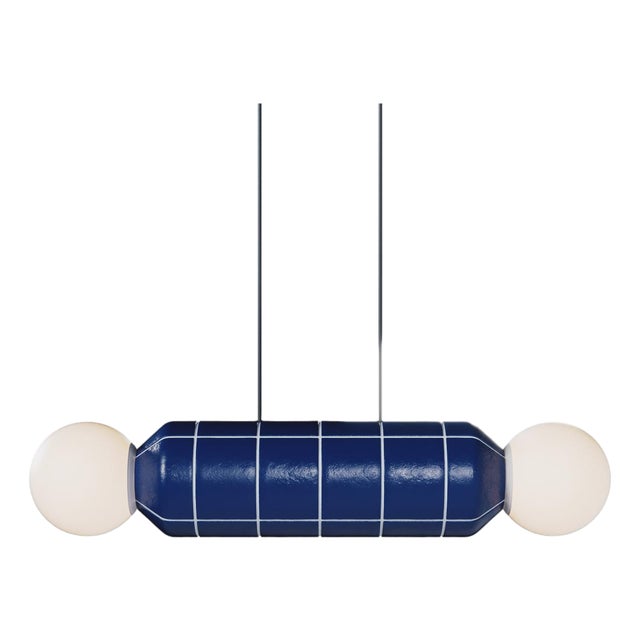Modern Horizontal Pendant Light With Ceramic Base – Blue – Handcrafted For Sale