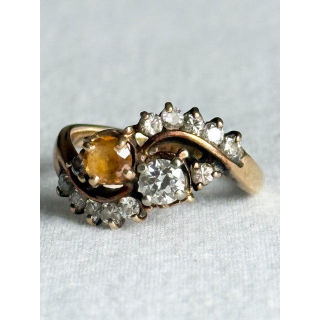 Vintage 14k Yellow Gold Victorian Revival Golden Beryl & Diamond Bypass Cocktail Ring, Size 7 For Sale In New York - Image 6 of 10