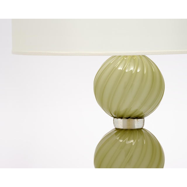 Mid-Century Modern Venetian Glass, Classic Globe Lamps, Soft Green, Murano - a Pair For Sale - Image 3 of 9