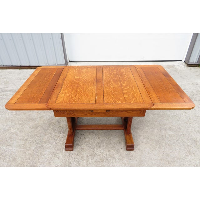 Early 20th Century Antique Arts & Crafts Nautical Oak Draw Leaf Dining Table W/ Ship Carvings For Sale - Image 5 of 18