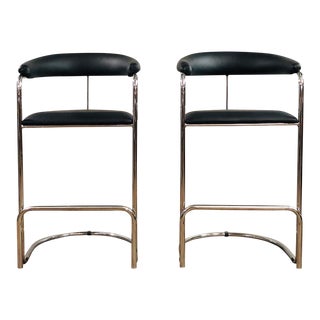 1970s Vintage Anton Lorenz for Thonet Chrome and Leather Bar Stoolst- A Pair For Sale