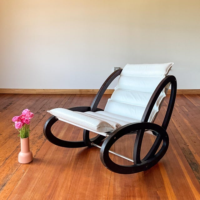 Mid-Century Modern 1990s Gae Aulenti Inspired Dark Wood Rocking Chair With Leather Cushion For Sale - Image 3 of 10