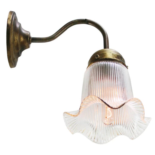 Mid-Century Modern French Clear Holophane Glass and Brass Wall Lamp For Sale - Image 3 of 6
