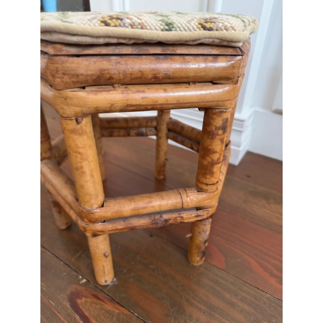 Hollywood Regency Vintage Burnt Bamboo Stool With Hand-Stitched Needlepoint Top For Sale - Image 3 of 9