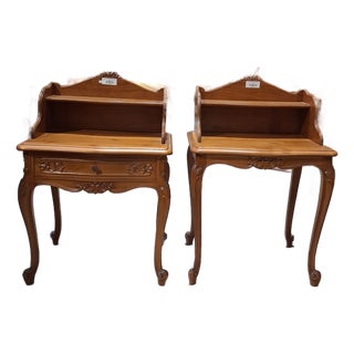 Mid 20th Century Pair of French Provincial Louis XV Style Bedside Tables With Carved Aprons & Gallery Backs For Sale