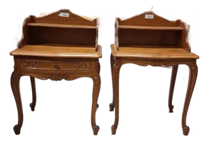 Mid 20th Century Pair of French Provincial Louis XV Style Bedside Tables With Carved Aprons & Gallery Backs