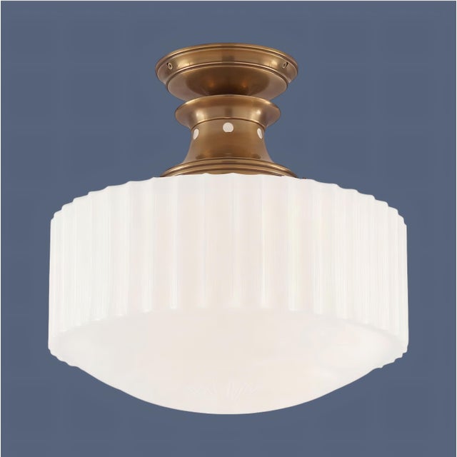 Traditional Thomas O'Brien for Visual Comfort Signature Milton Road Flush Mount in Hand-Rubbed Antique Brass With Ribbed White Glass For Sale - Image 3 of 18