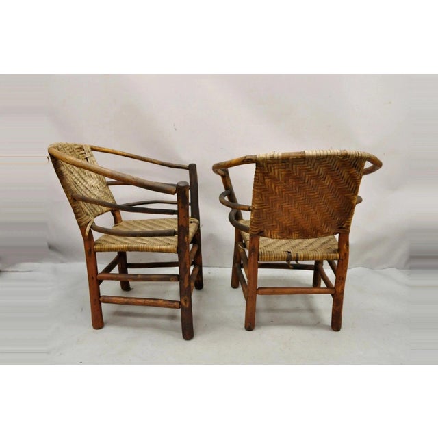 Mid 20th Century Adirondack Old Hickory Style Tree Branch Wood Frame Rattan Lounge Chairs a Pair For Sale - Image 10 of 12