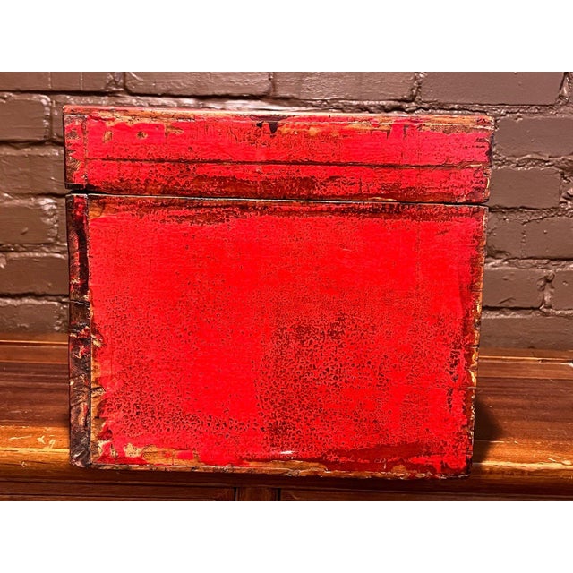 Wood Antique Tibetan Hand Painted Red Lacquer Trunk Foo Dog Chest 20" For Sale - Image 7 of 9