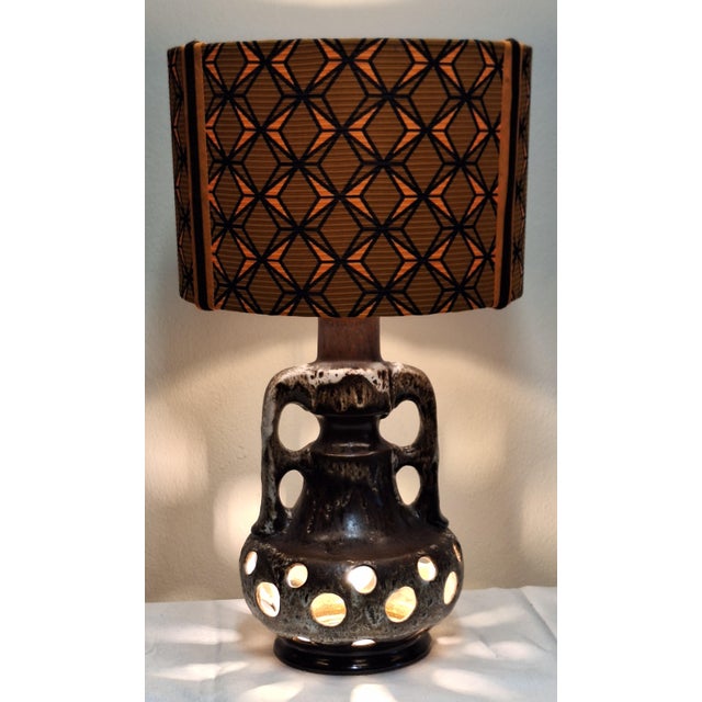 Vintage German Fat Lava Table Lamp with Brown-Grey Ceramic Base and Fabric Shade, 1970s For Sale - Image 9 of 9