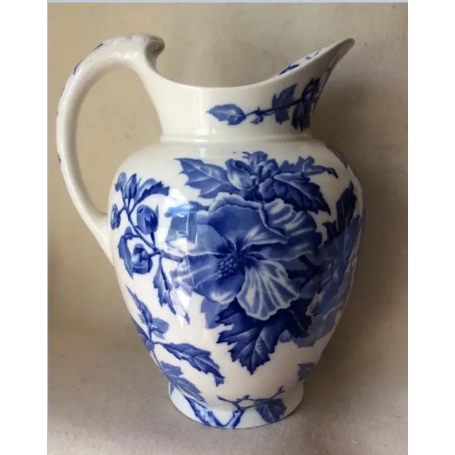 Victorian Antique C1888 Victorian, Aesthetic Transferware Water Pitcher, Althea, Blue Flowers For Sale - Image 3 of 9